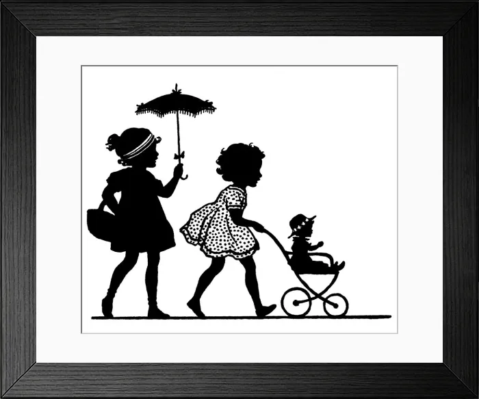 Framed Print : Girls with push chair & parasol Framed Print : Girls with push chair & parasol