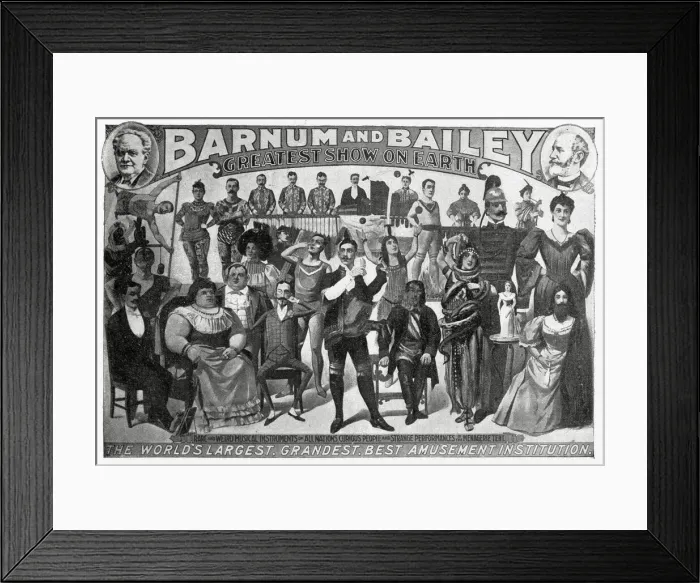 Framed Print : Poster advertising Barnum and Baileys amusements, with curious people Framed Print : Poster advertising Barnum and Baileys amusements, with curious people