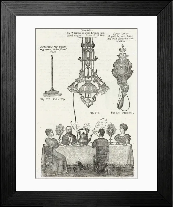 Framed Print : Electric kettle connected to the ceiling light 1902 Framed Print : Electric kettle connected to the ceiling light 1902