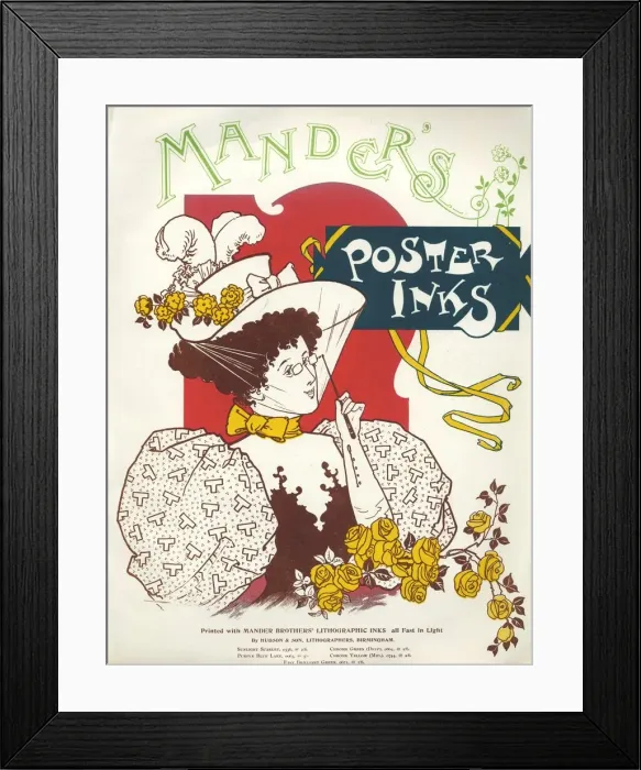 Framed Print : Advertisement for Manders poster inks depicting a lady looking through a lorgnette Framed Print : Advertisement for Manders poster inks depicting a lady looking through a lorgnette