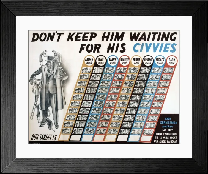 Framed Print : Postwar poster, Don t keep him waiting for his civvies Framed Print : Postwar poster, Don t keep him waiting for his civvies