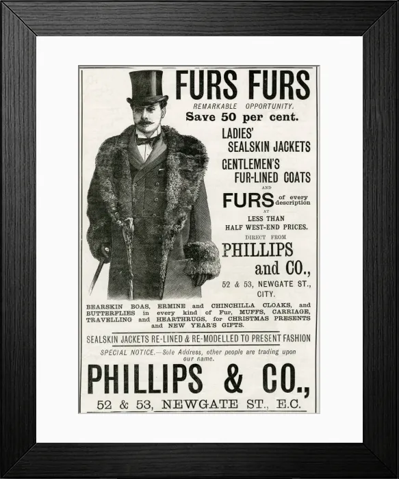 Framed Print : Advert for Phillipss & Co gentlemens fur coats 1893 Framed Print : Advert for Phillipss & Co gentlemens fur coats 1893