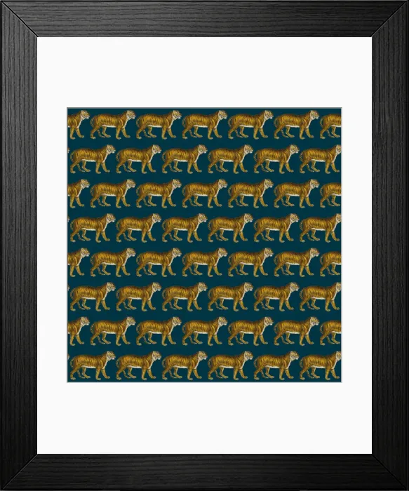 Framed Print : Repeating Pattern - Tigers - dark navy blue background Framed Print : Repeating Pattern - Tigers - dark navy blue background