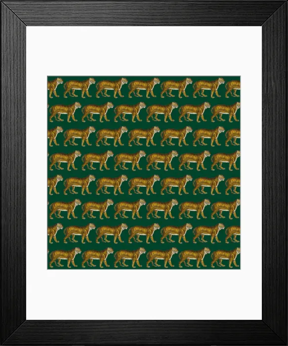 Framed Print : Repeating Pattern - Tigers - dark green background Framed Print : Repeating Pattern - Tigers - dark green background