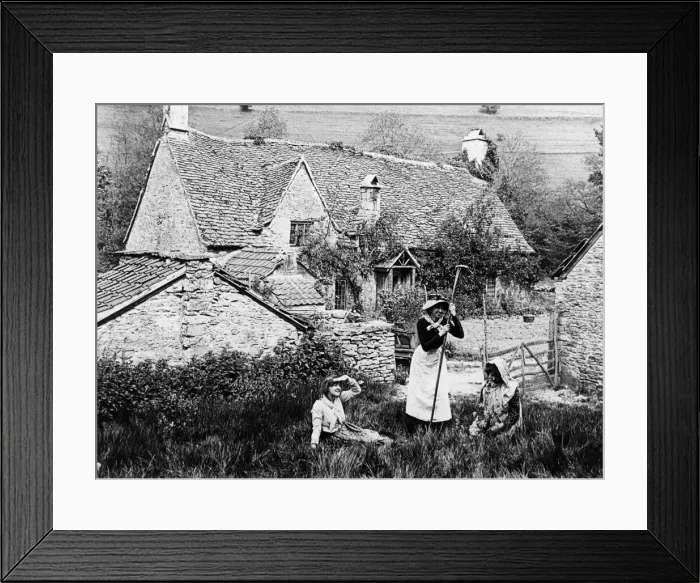 Framed Print : Villagers outside stone cottages, 1890s Framed Print : Villagers outside stone cottages, 1890s