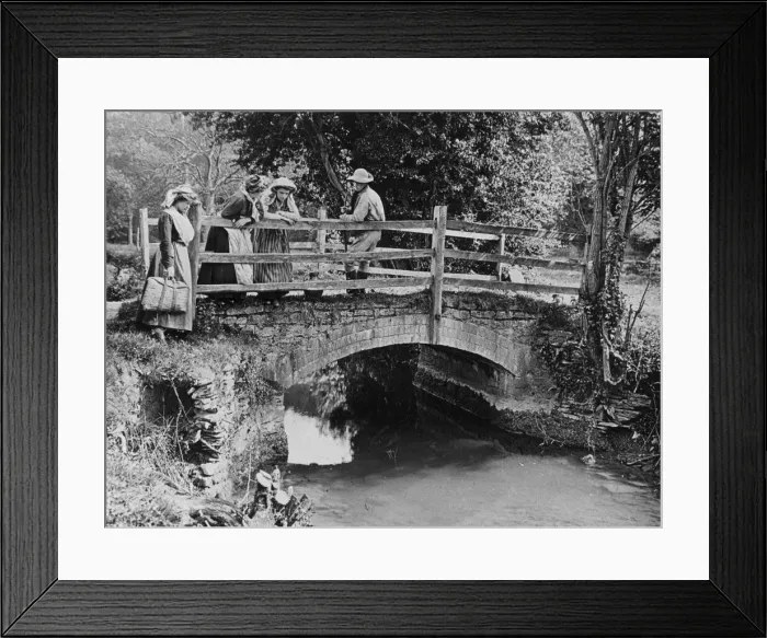 Framed Print : Villagers on a bridge over a stream, 1890s Framed Print : Villagers on a bridge over a stream, 1890s