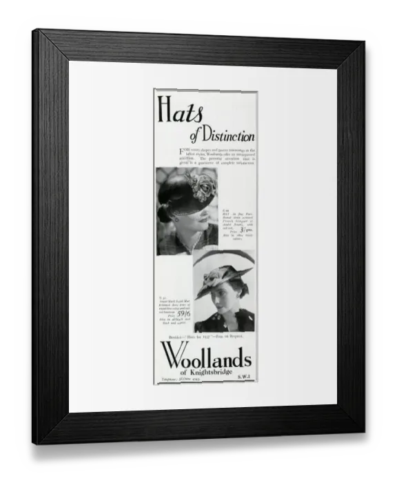 Framed Print : Advert for Woollands of Knightsbridge womens hats 1937 Framed Print : Advert for Woollands of Knightsbridge womens hats 1937