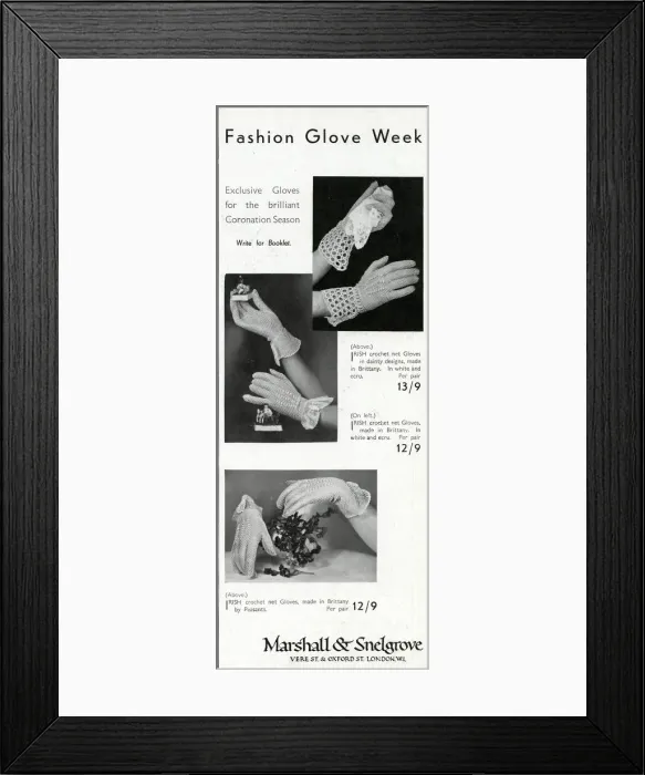 Framed Print : Advert for Marshall & Snelgrove womens wrist glooves 1937 Framed Print : Advert for Marshall & Snelgrove womens wrist glooves 1937