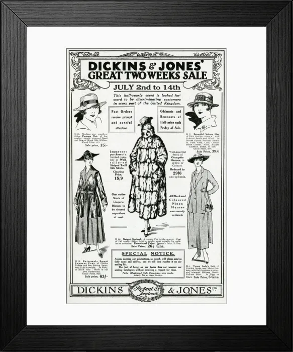 Framed Print : Advert for Dickins & Jones clothing sale 1917 Framed Print : Advert for Dickins & Jones clothing sale 1917