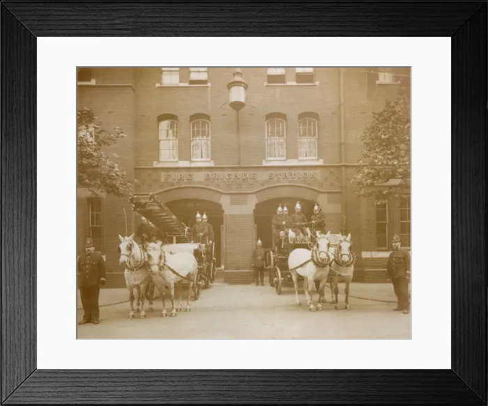 Framed Print : LCC-LFB horse drawn vehicles outside a fire station Framed Print : LCC-LFB horse drawn vehicles outside a fire station