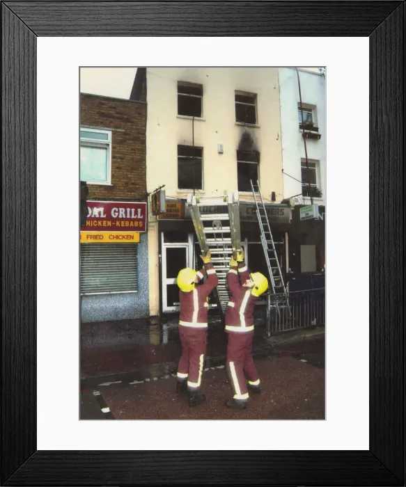 Framed Print : Firefighters at scene of fire, Stockwell Road, Brixton Framed Print : Firefighters at scene of fire, Stockwell Road, Brixton