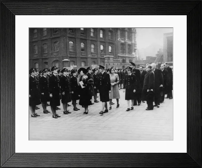 Framed Print : Queen Elizabeth reviews firewomen at Lambeth, WW2 Framed Print : Queen Elizabeth reviews firewomen at Lambeth, WW2