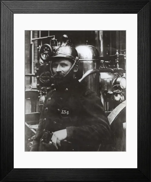 Framed Print : Portrait of a late Victorian MFB fireman with engine Framed Print : Portrait of a late Victorian MFB fireman with engine