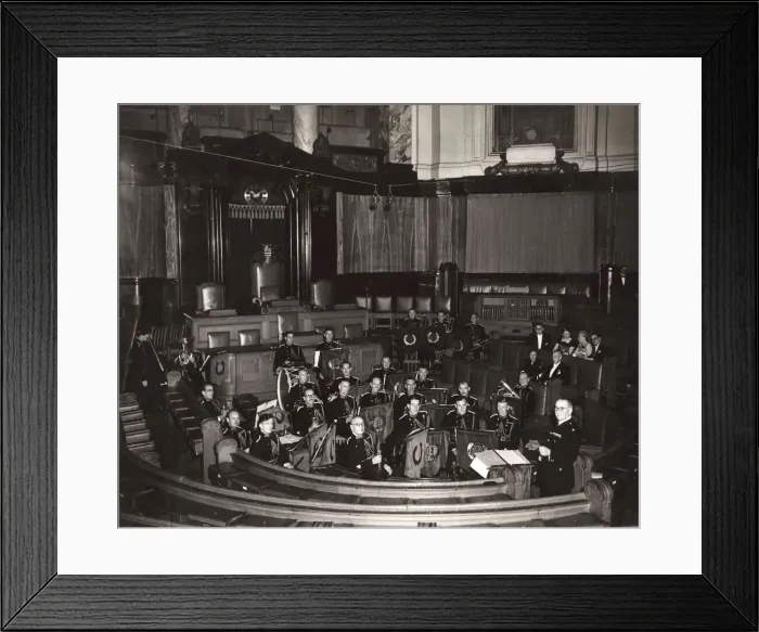 Framed Print : LFB band at LCC Jubilee Reception, County Hall, London Framed Print : LFB band at LCC Jubilee Reception, County Hall, London