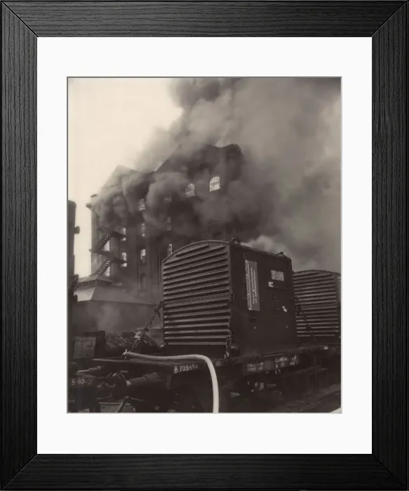Framed Print : Warehouse on fire near railway line Framed Print : Warehouse on fire near railway line