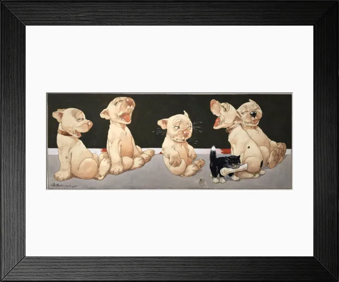 Framed Print : Five Bonzos laugh as a small black kitten takes their bone Framed Print : Five Bonzos laugh as a small black kitten takes their bone