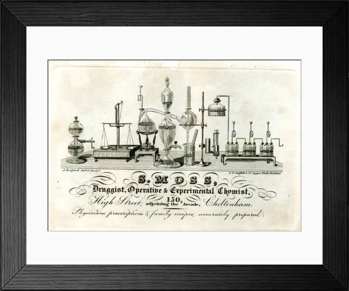 Framed Print : Advert,s Moss, Druggist, Operative & Experimental Chemist Framed Print : Advert,s Moss, Druggist, Operative & Experimental Chemist