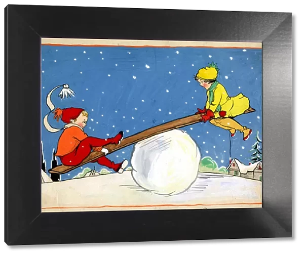 Christmas Card - Children on snowball Seesaw