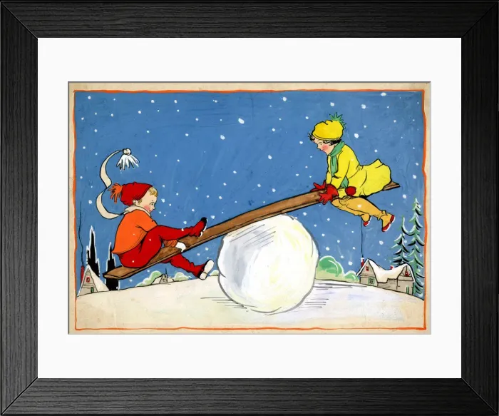Framed Print : Christmas Card - Children on snowball Seesaw Framed Print : Christmas Card - Children on snowball Seesaw