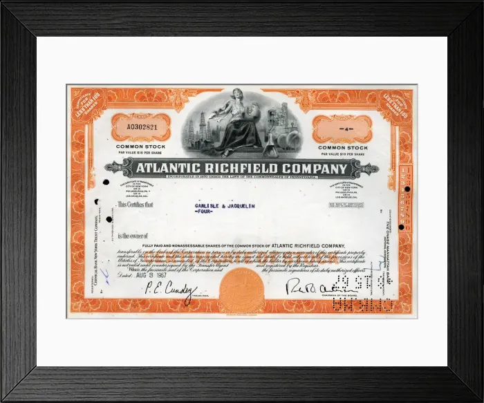 Framed Print : Stock Share Certificate - Atlantic Richfield Company Framed Print : Stock Share Certificate - Atlantic Richfield Company