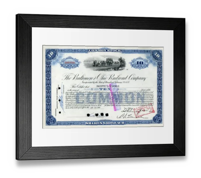 Framed Print : Stock Share Certificate - Baltimore and Ohio Railroad Compan Framed Print : Stock Share Certificate - Baltimore and Ohio Railroad Compan