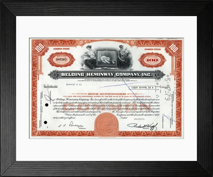 Framed Print : Stock Share Certificate - Belding Hemingway Company Inc