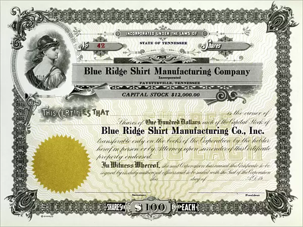 Stock Share Certificate - Blue Ridge Shirt Manufacturing Co