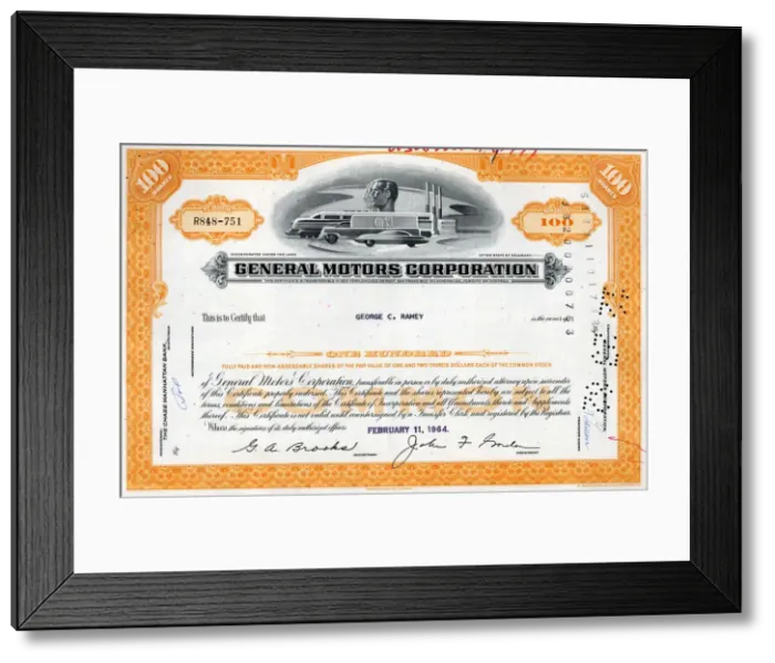 Framed Print : Stock Share Certificate - General Motors Corporation Framed Print : Stock Share Certificate - General Motors Corporation
