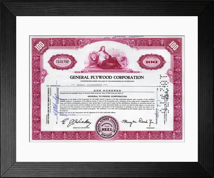Framed Print : Stock Share Certificate - General Plywood Corporation Framed Print : Stock Share Certificate - General Plywood Corporation