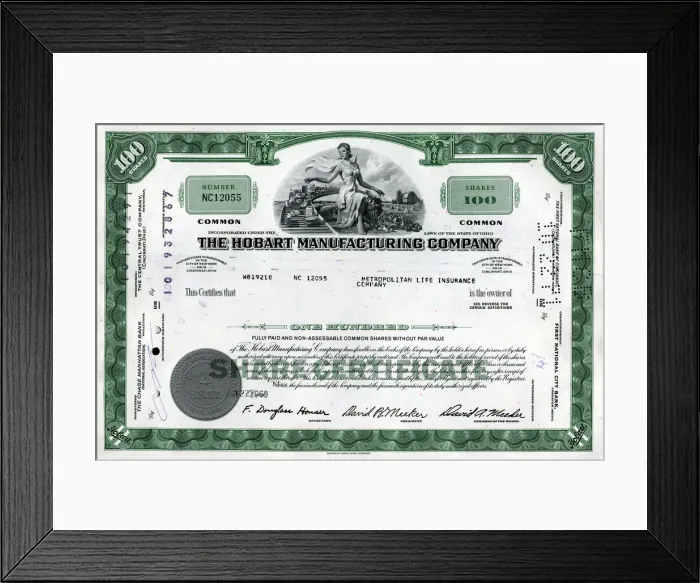 Framed Print : Stock Share Certificate - Hobart Manufacturing Company Framed Print : Stock Share Certificate - Hobart Manufacturing Company