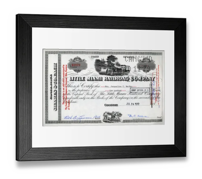 Framed Print : Stock Share Certificate - Little Miami Railroad Company Framed Print : Stock Share Certificate - Little Miami Railroad Company