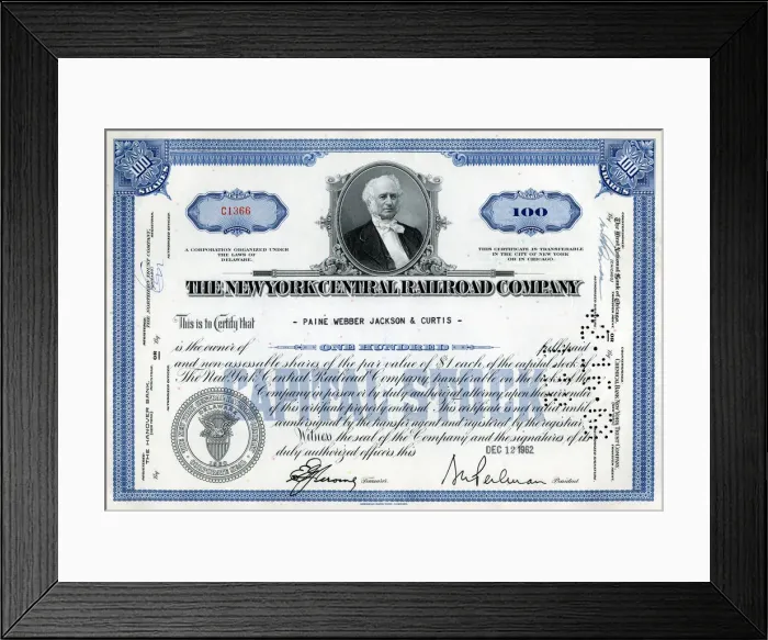 Framed Print : Stock Share Certificate - New York Central Railroad Company Framed Print : Stock Share Certificate - New York Central Railroad Company