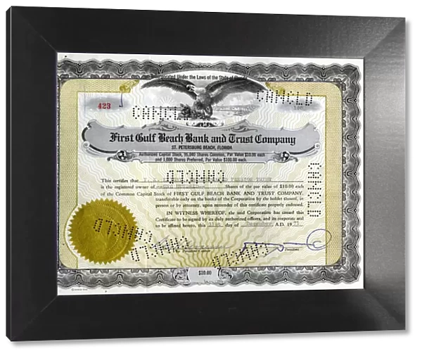 Stock Share Certificate - First Gulf Beach Bank and Trust Co