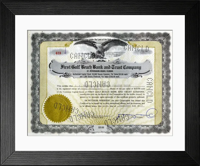 Framed Print : Stock Share Certificate - First Gulf Beach Bank and Trust Co Framed Print : Stock Share Certificate - First Gulf Beach Bank and Trust Co