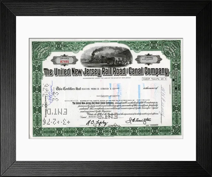 Framed Print : Share Certificate - United New Jersey Rail Road Company Framed Print : Share Certificate - United New Jersey Rail Road Company
