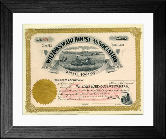 Framed Print : Stock Share Certificate - Willows Warehouse Association Framed Print : Stock Share Certificate - Willows Warehouse Association