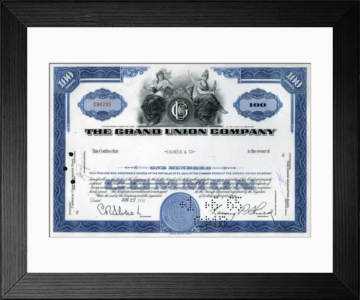 Framed Print : Stock Share Certificate - The Grand Union Company Framed Print : Stock Share Certificate - The Grand Union Company