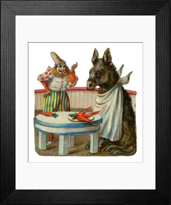 Framed Print : Victorian Scrap, Circus Clown and Donkey Framed Print : Victorian Scrap, Circus Clown and Donkey