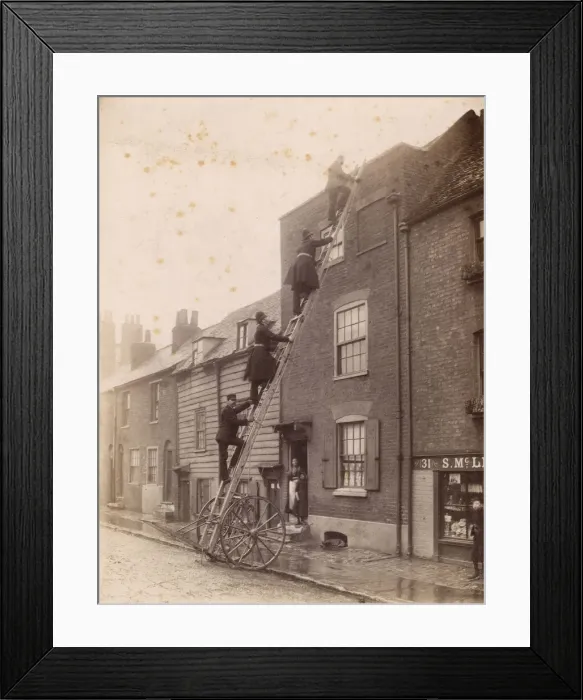 Framed Print : Firefighters and policemen climbing a ladder Framed Print : Firefighters and policemen climbing a ladder