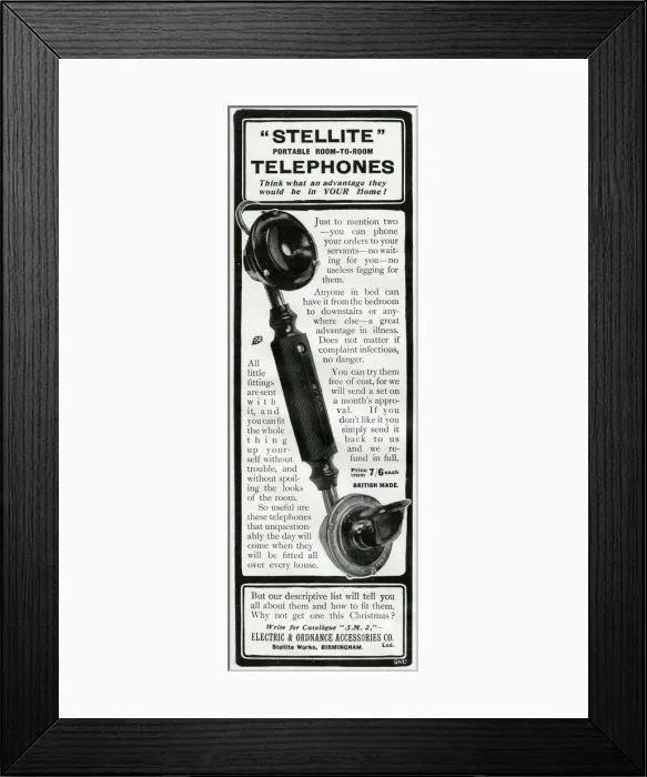 Framed Print : Advert for Stellite portable room to room telephone 1905 Framed Print : Advert for Stellite portable room to room telephone 1905