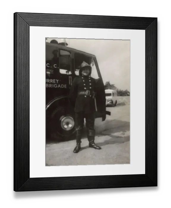 Framed Print : Firefighter posing proudly by LCC LFB vehicle Framed Print : Firefighter posing proudly by LCC LFB vehicle