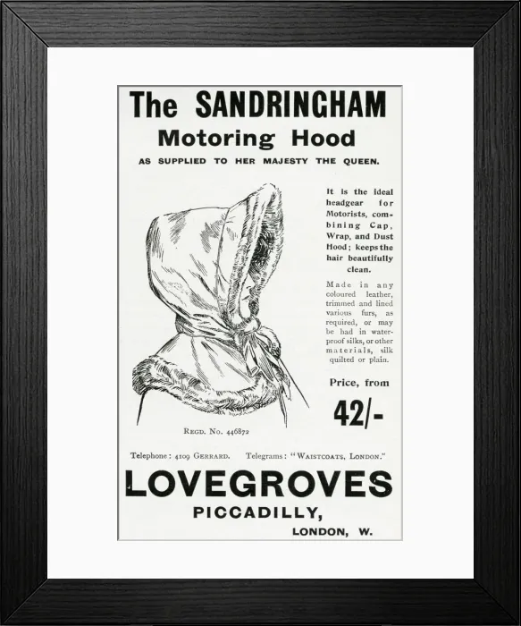 Framed Print : Advert for Lovegroves - motoring hood 1905 Framed Print : Advert for Lovegroves - motoring hood 1905