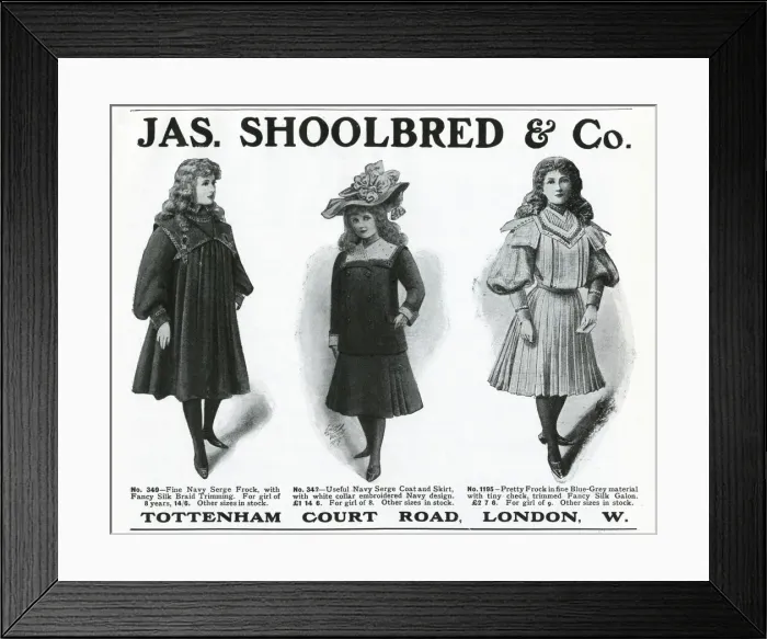 Framed Print : Advert for Shoolbred & Co. girls frocks and coats 1905 Framed Print : Advert for Shoolbred & Co. girls frocks and coats 1905