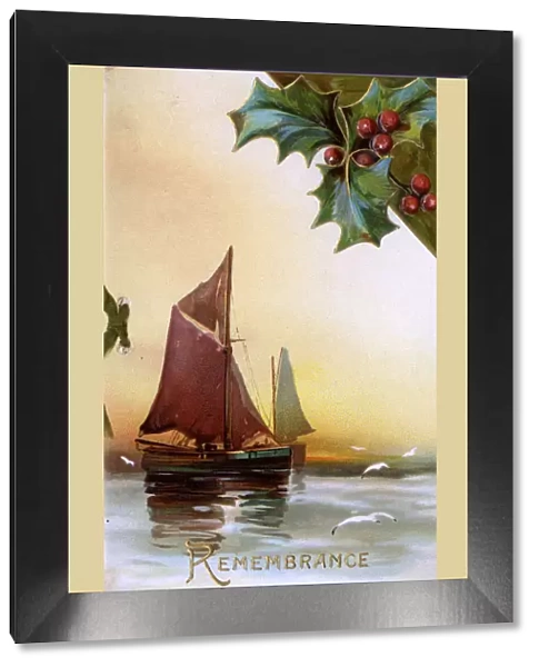 Remembrance postcard with sailing boats and holly