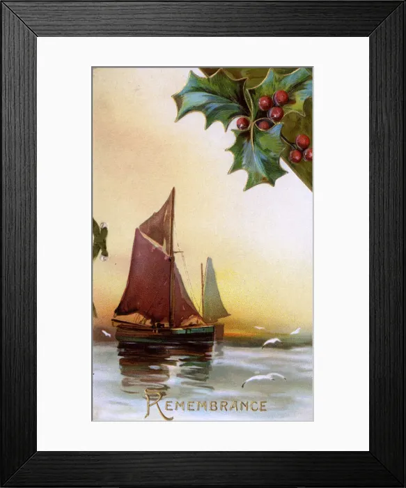Framed Print : Remembrance postcard with sailing boats and holly Framed Print : Remembrance postcard with sailing boats and holly