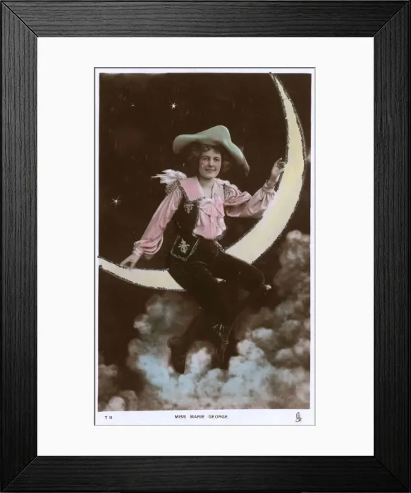 Framed Print : Marie George, American performer, sitting on a paper moon Framed Print : Marie George, American performer, sitting on a paper moon