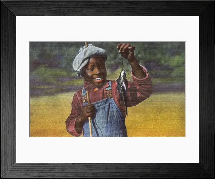 Framed Print : Postcard booklet, boy with fish, Dixieland, USA Framed Print : Postcard booklet, boy with fish, Dixieland, USA