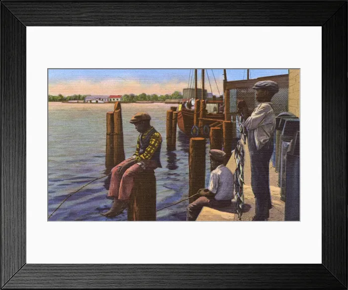 Framed Print : Postcard booklet, three boys fishing, Dixieland, USA Framed Print : Postcard booklet, three boys fishing, Dixieland, USA