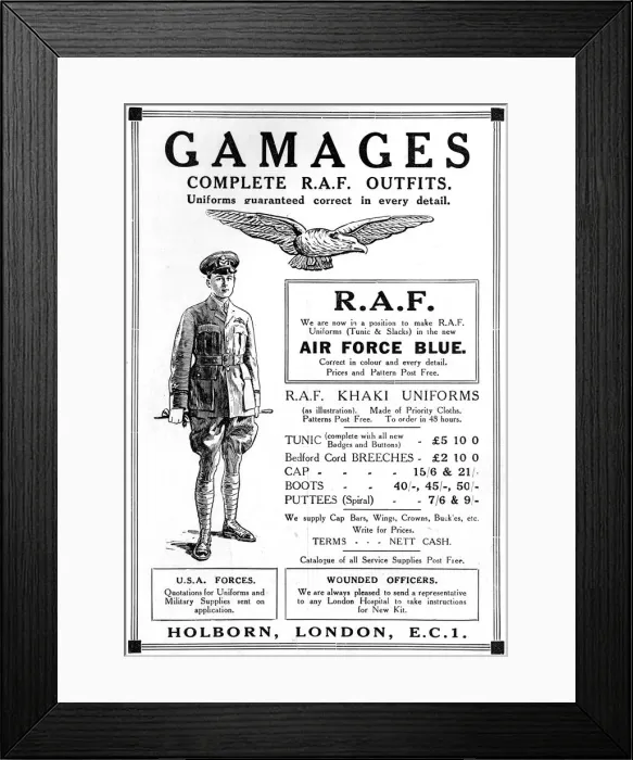 Framed Print : Gamages advertisement, RAF outfits in air force blue Framed Print : Gamages advertisement, RAF outfits in air force blue