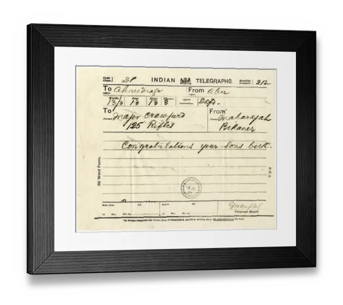 Framed Print : Telegraph from Maharaja Bikaner to Major Crawford Framed Print : Telegraph from Maharaja Bikaner to Major Crawford